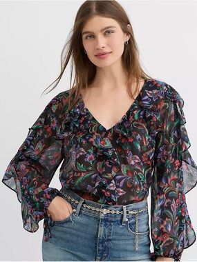 LOFT Floral Ruffle Tie Cuff Blouse